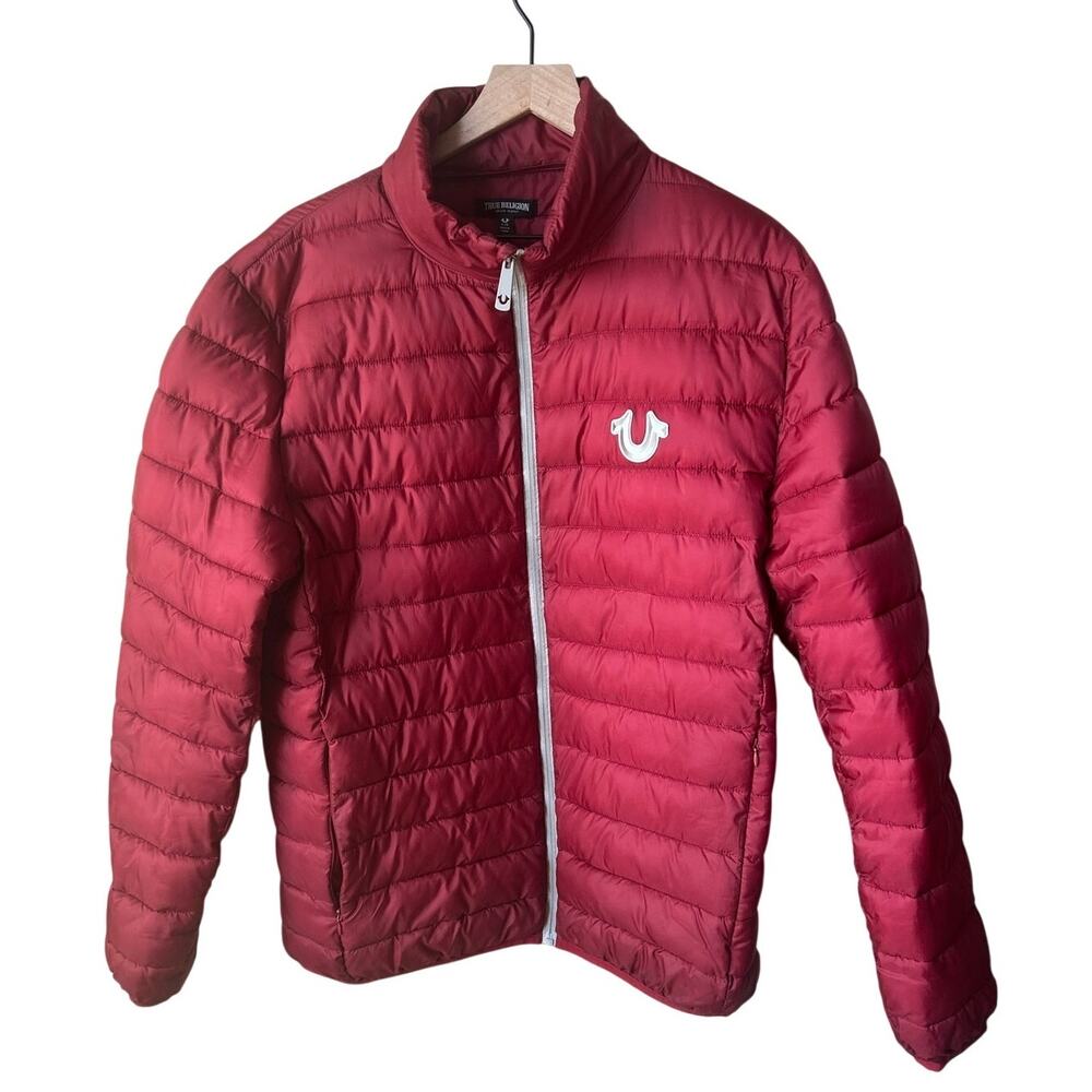 True Religion Red Quilted Zip-Up Light Puffer Fall Jacket Men's Size L